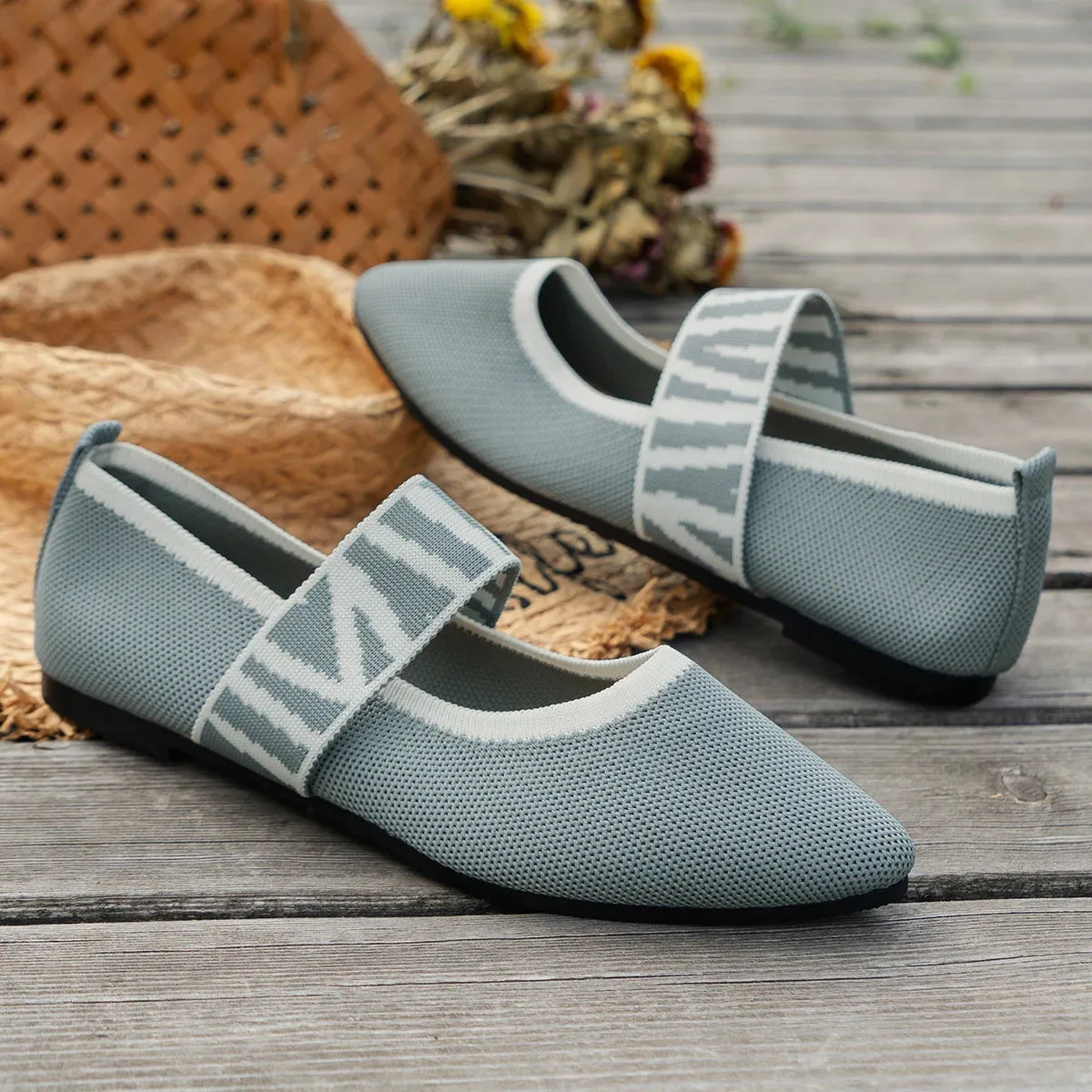 Knitted Color-Block Flats - Women's Dressy Ballet Flats, Casual Striped Strap Pointed Toe Loafers
