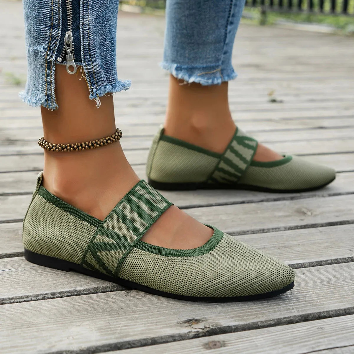 Knitted Color-Block Flats - Women's Dressy Ballet Flats, Casual Striped Strap Pointed Toe Loafers