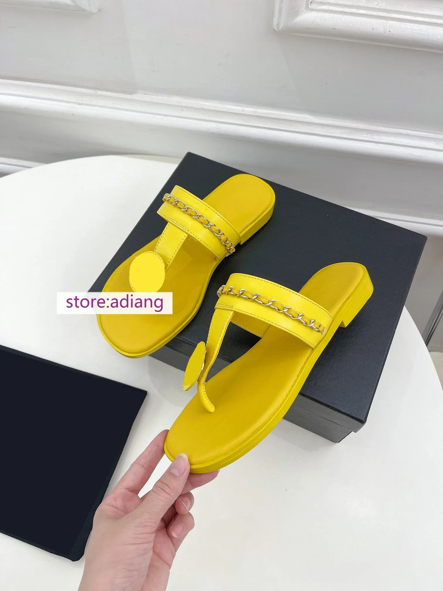 lamb leather Flip flops chain fashion flats grace women 35-41 2023 high quality