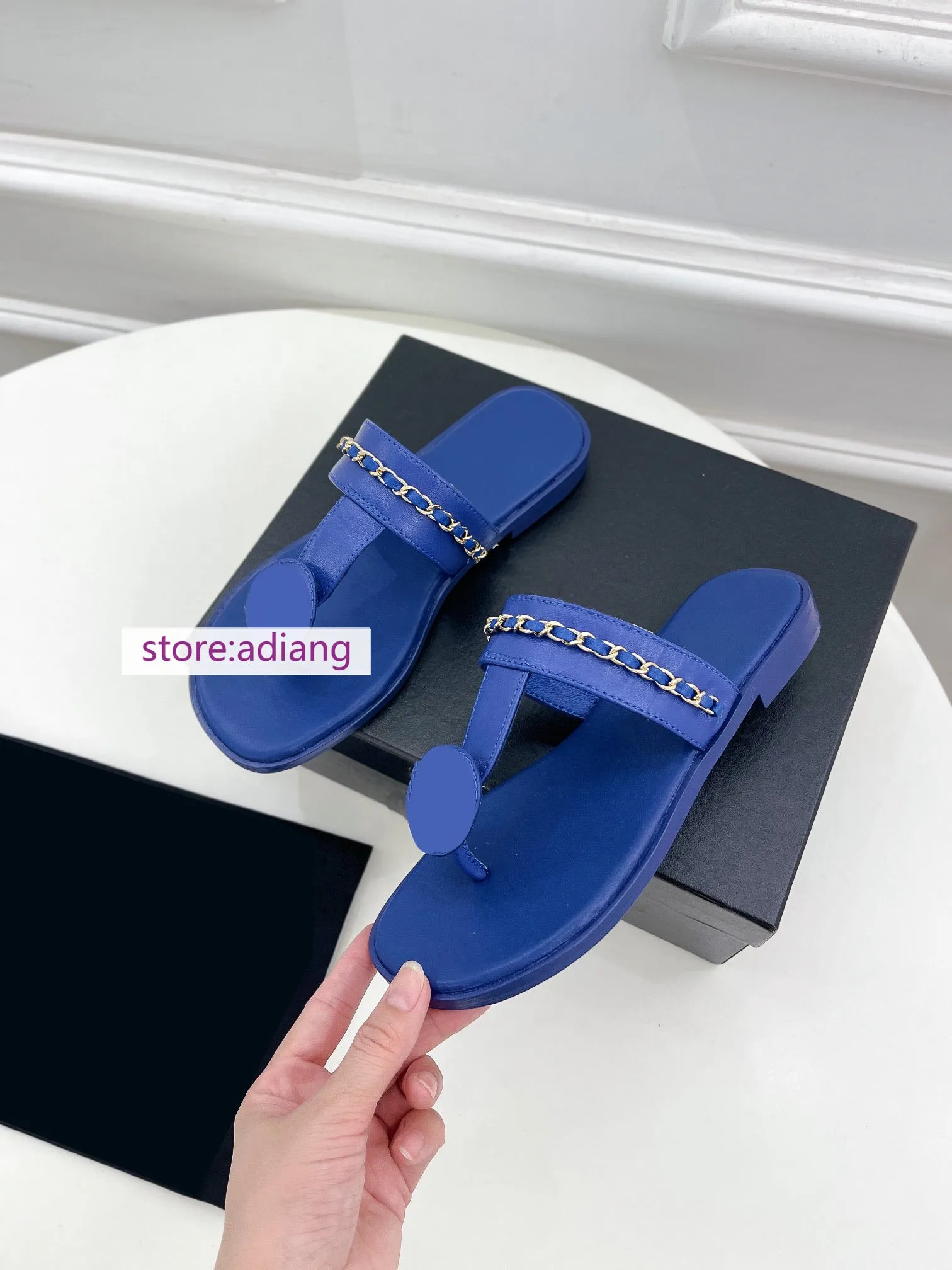 lamb leather Flip flops chain fashion flats grace women 35-41 2023 high quality