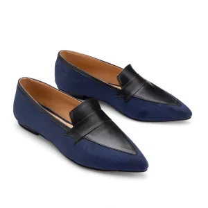 Leather × Suede Women Pointy Toe Flats With Low Heel - Blue