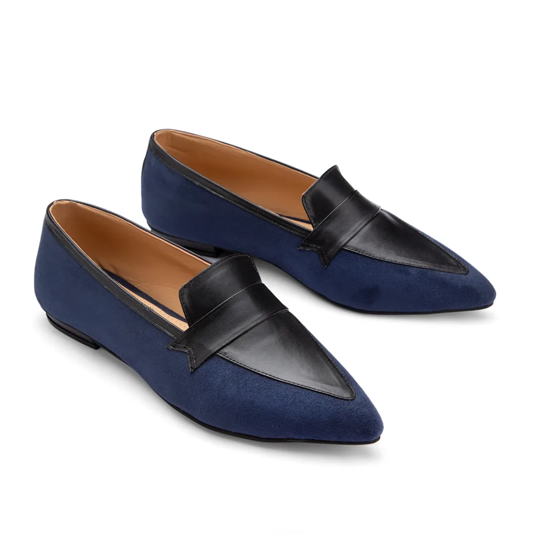 Leather × Suede Women Pointy Toe Flats With Low Heel - Blue