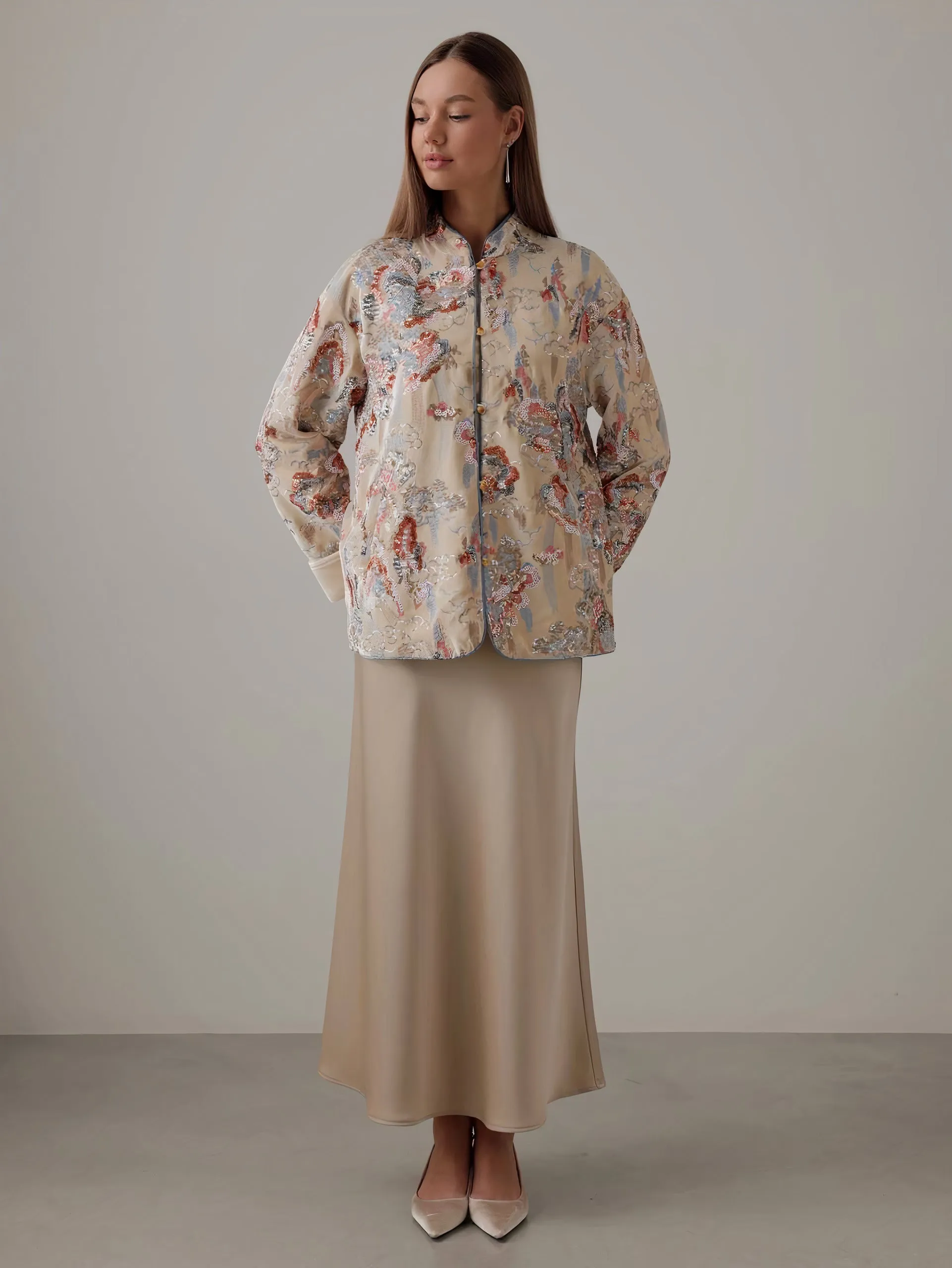 Luna Beige Satin Midi Skirt