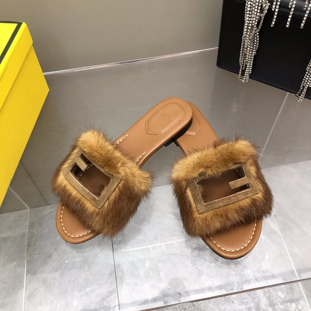 mink fur flats slippers luxurious fashion women high quality 2022 new 35-42