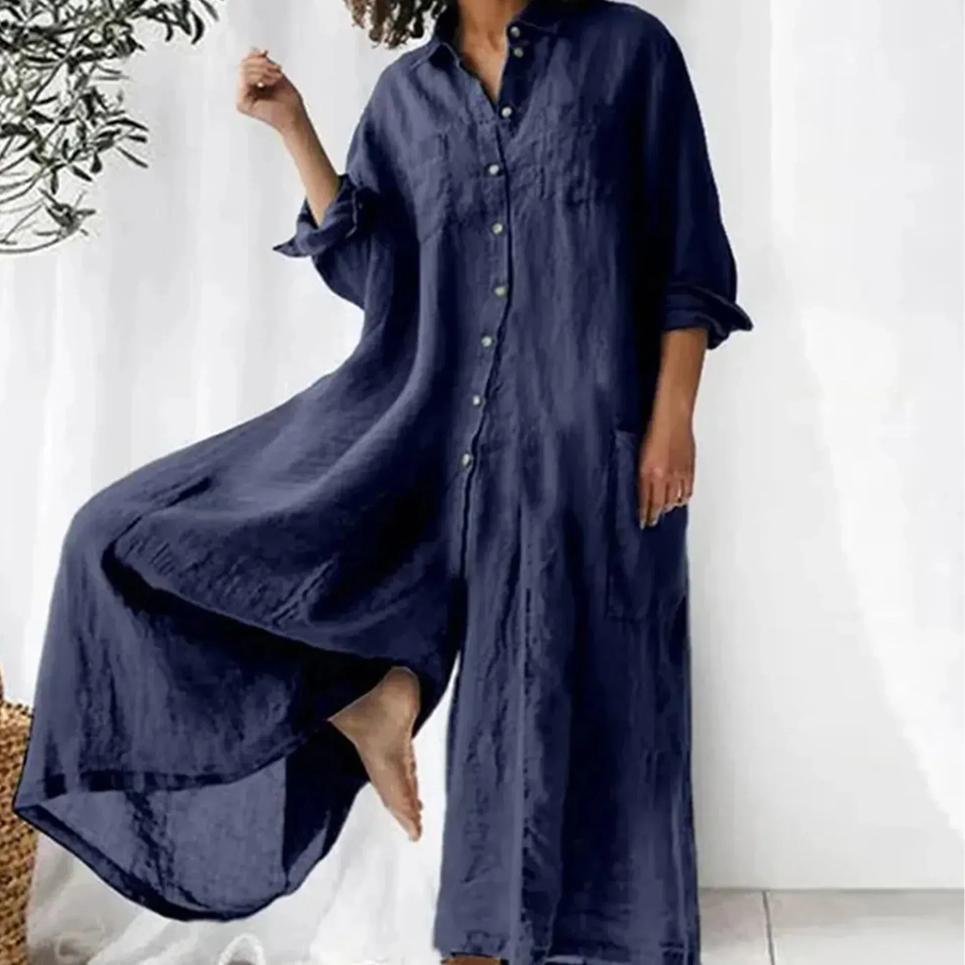 Oversized Button-Down Linen Jumpsuit | Relaxed Fit | Breezy and Minimalist