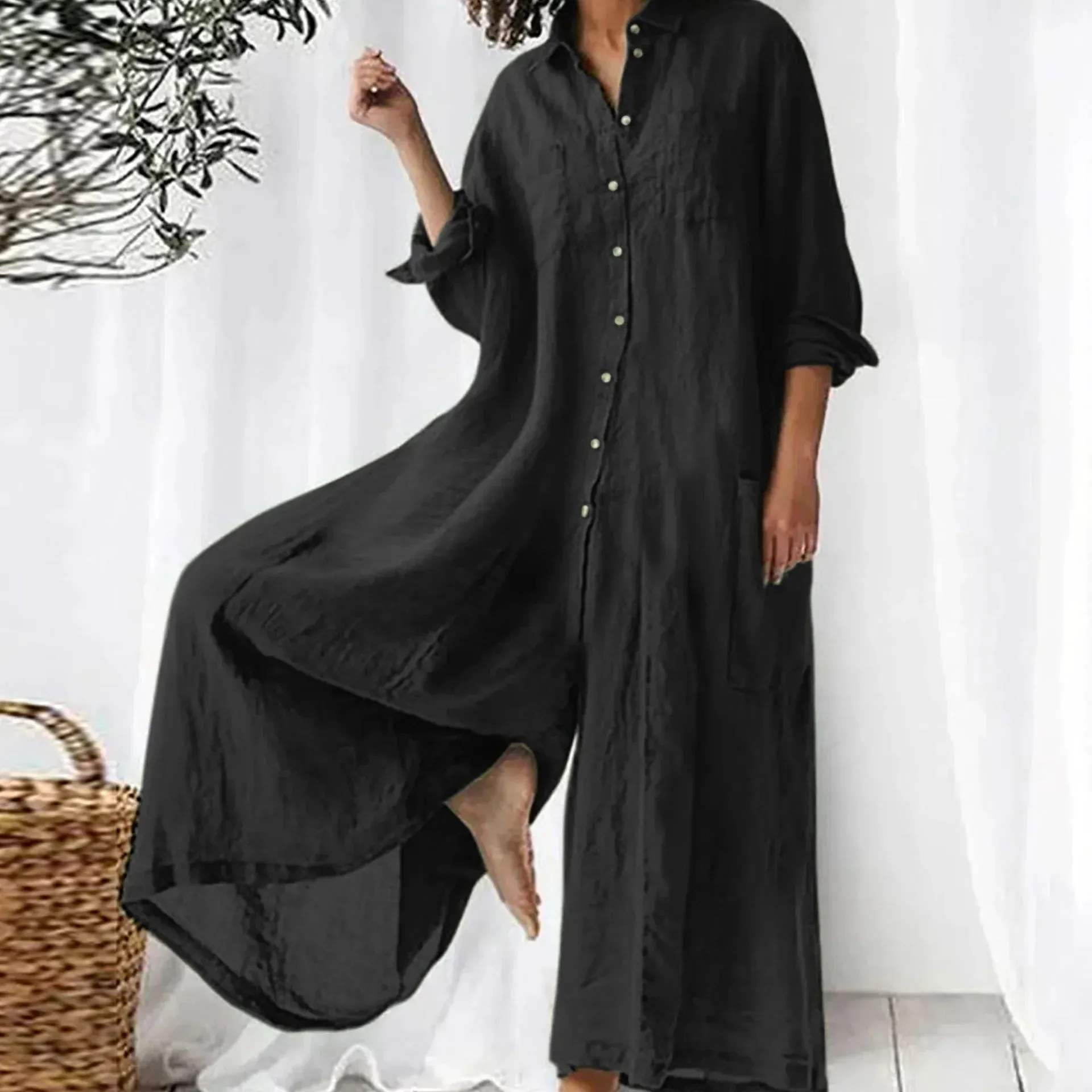 Oversized Button-Down Linen Jumpsuit | Relaxed Fit | Breezy and Minimalist