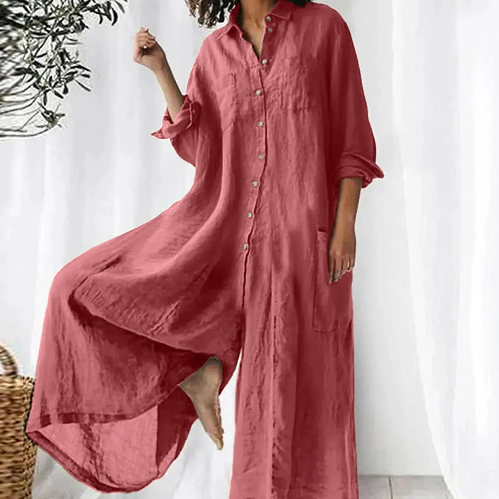 Oversized Button-Down Linen Jumpsuit | Relaxed Fit | Breezy and Minimalist