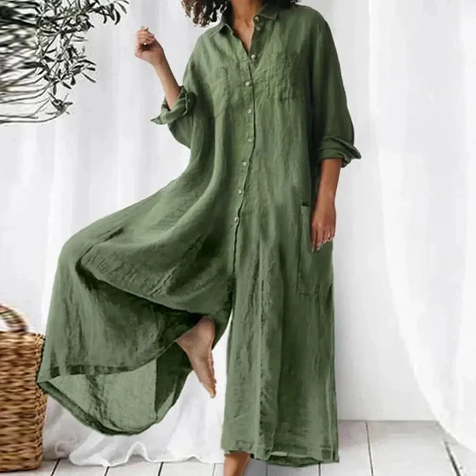 Oversized Button-Down Linen Jumpsuit | Relaxed Fit | Breezy and Minimalist