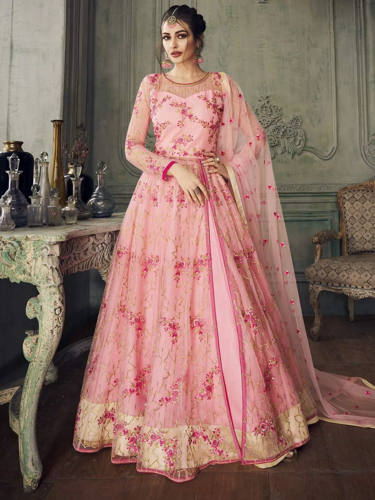 Pink Golden All Over Embroidered Anarkali Lehenga Suit