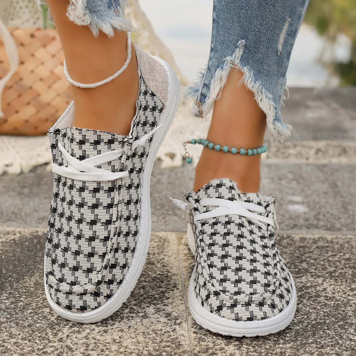 Plaid Round Toe Canvas Slip-Ons