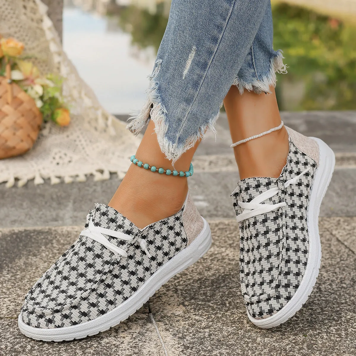 Plaid Round Toe Canvas Slip-Ons