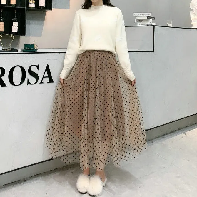 Polka Dot Mesh Skirt Mid Length A-Line Skirt