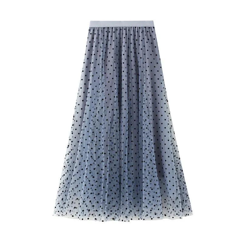 Polka Dot Mesh Skirt Mid Length A-Line Skirt