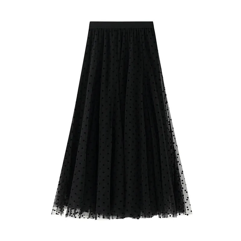 Polka Dot Mesh Skirt Mid Length A-Line Skirt