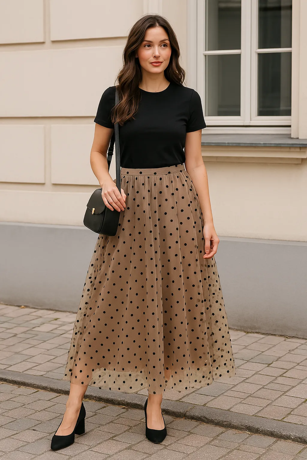 Polka Dot Mesh Skirt Mid Length A-Line Skirt