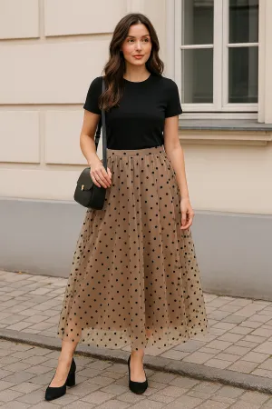 Polka Dot Mesh Skirt Mid Length A-Line Skirt