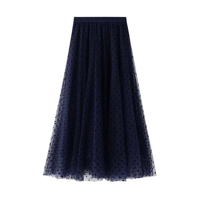 Polka Dot Mesh Skirt Mid Length A-Line Skirt