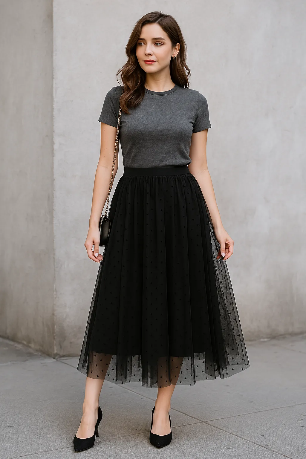 Polka Dot Mesh Skirt Mid Length A-Line Skirt