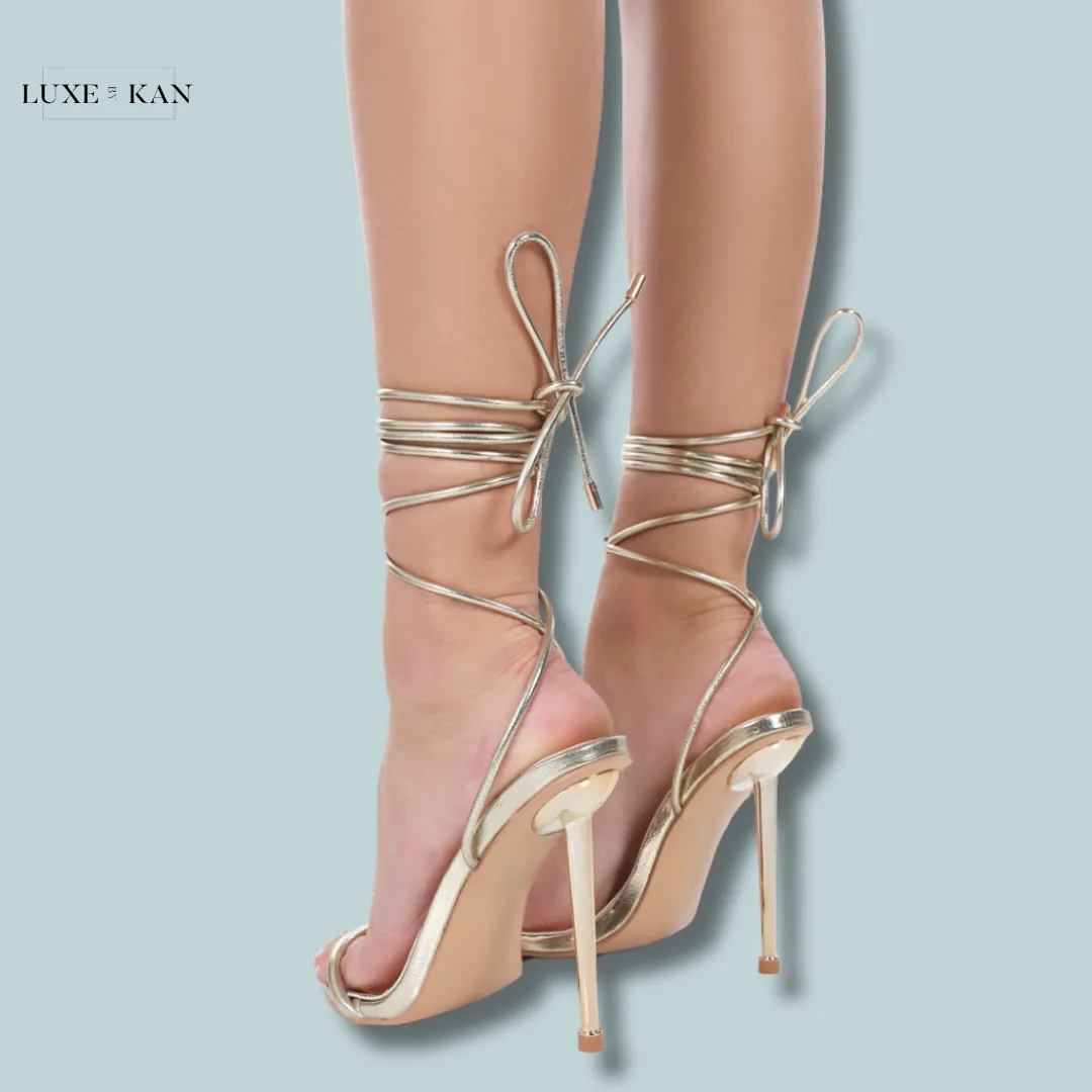 PUBLIC DESIRE LOOK BACK GOLD METALLIC PU POINTED TOE LACE UP STILETTO HEELS