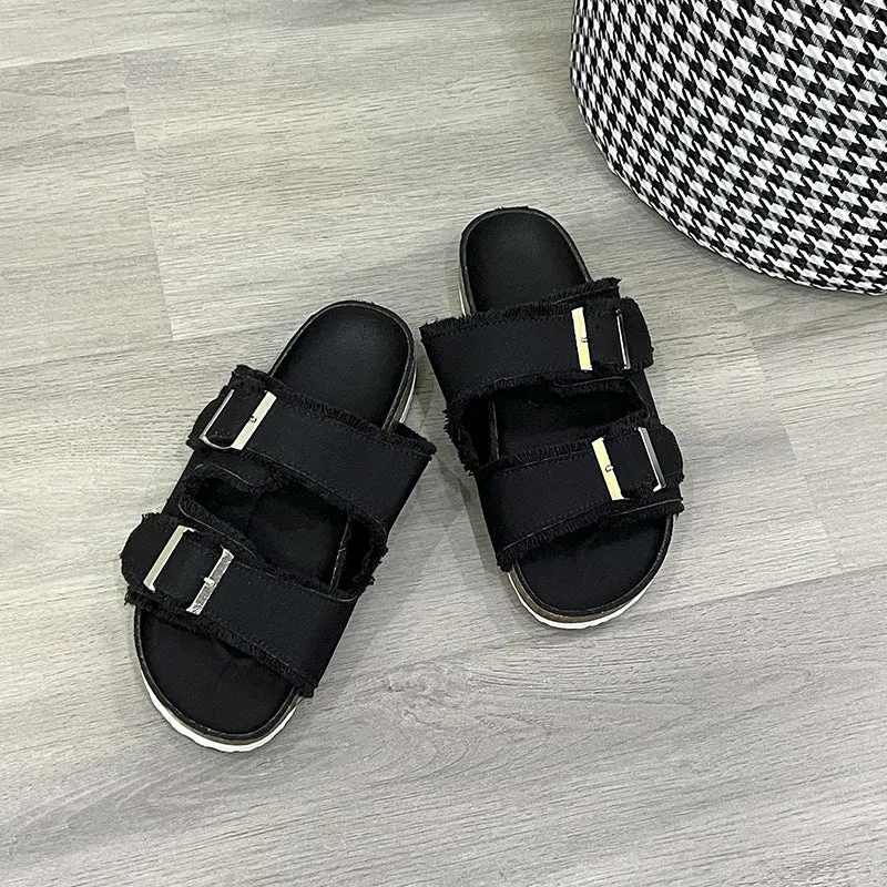Raw Hem Open Toe Double Buckle Sandals