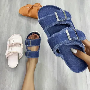 Raw Hem Open Toe Double Buckle Sandals