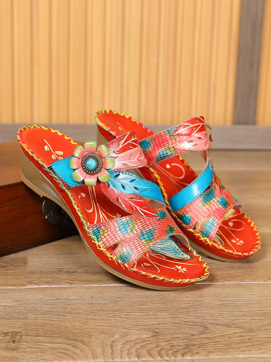 Red Floral Perforated Genuine Leather Slides