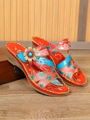 Red Floral Perforated Genuine Leather Slides