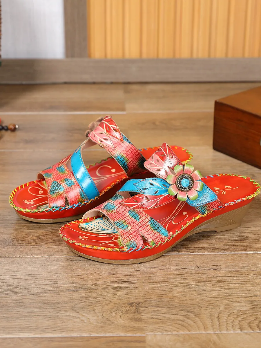 Red Floral Perforated Genuine Leather Slides
