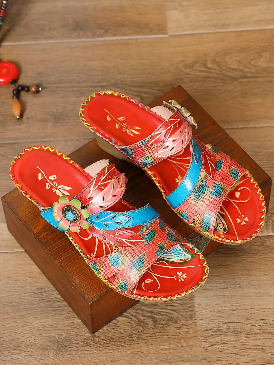 Red Floral Perforated Genuine Leather Slides