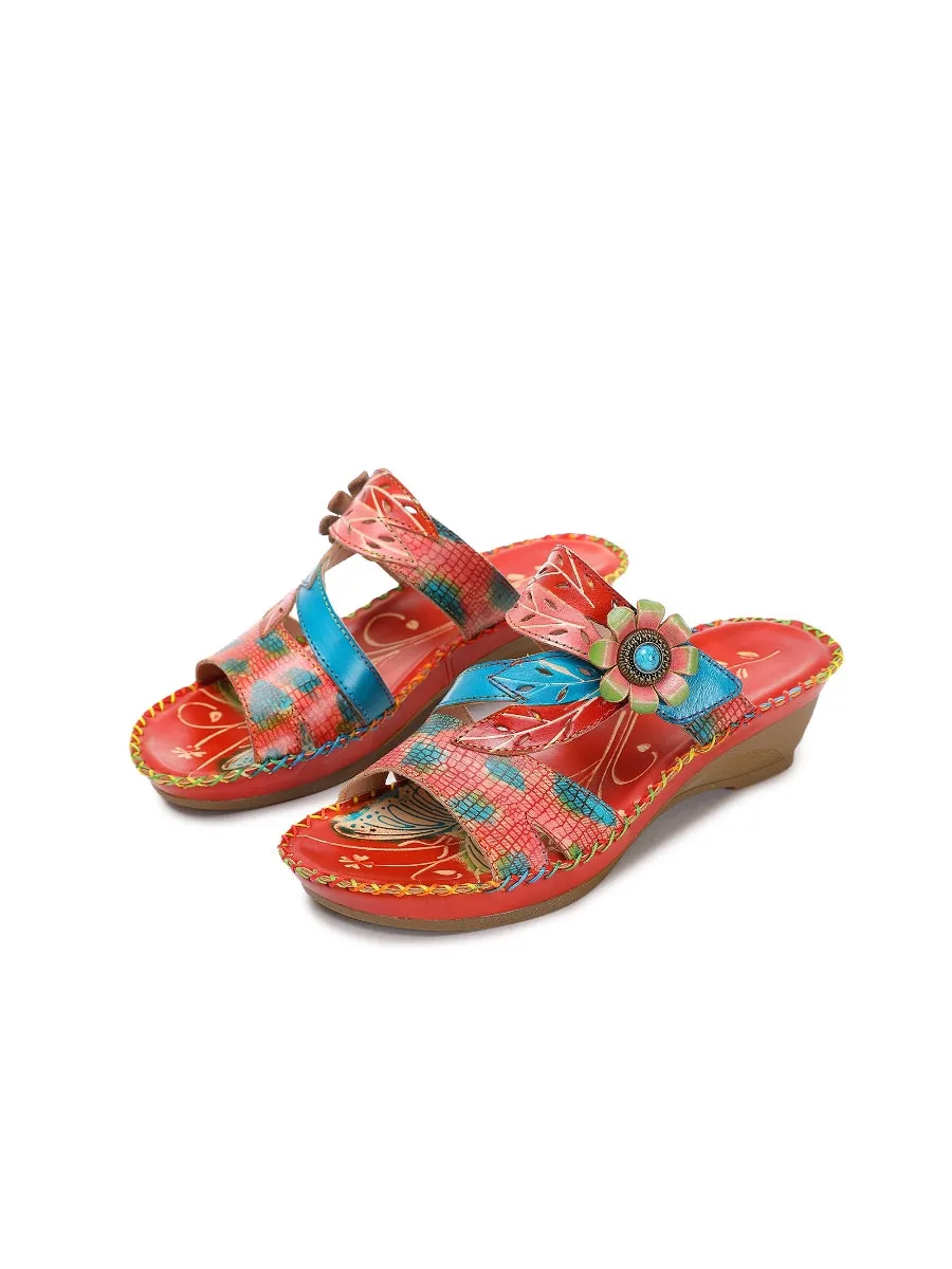 Red Floral Perforated Genuine Leather Slides