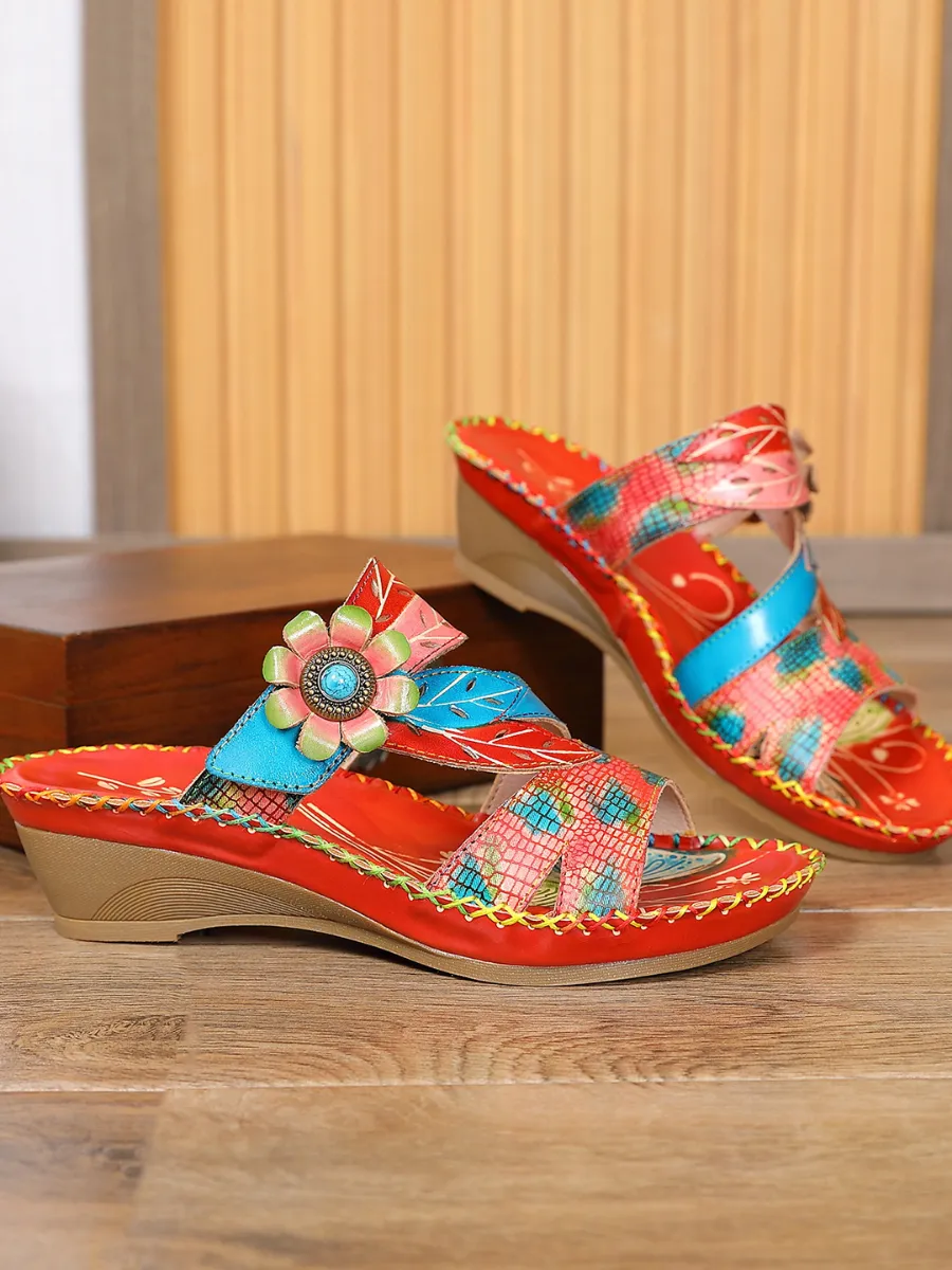 Red Floral Perforated Genuine Leather Slides