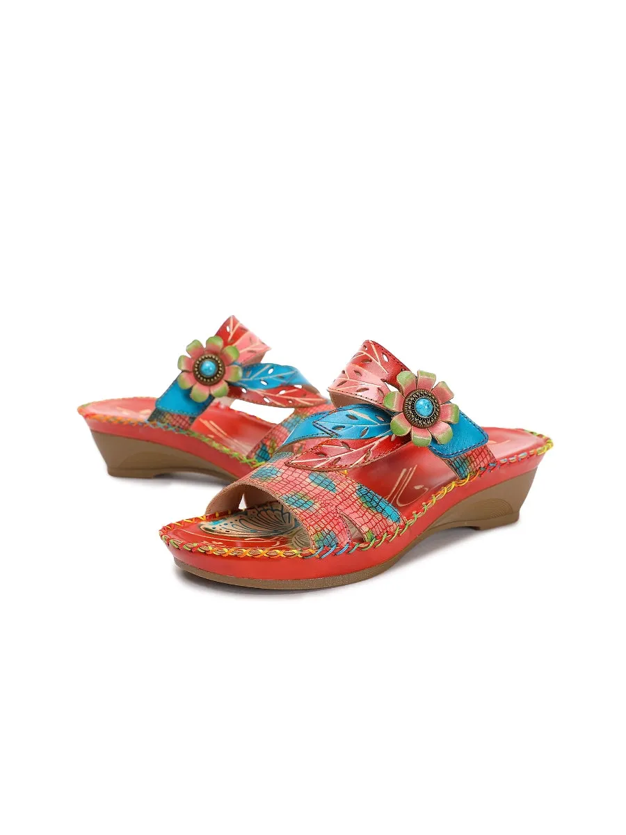 Red Floral Perforated Genuine Leather Slides