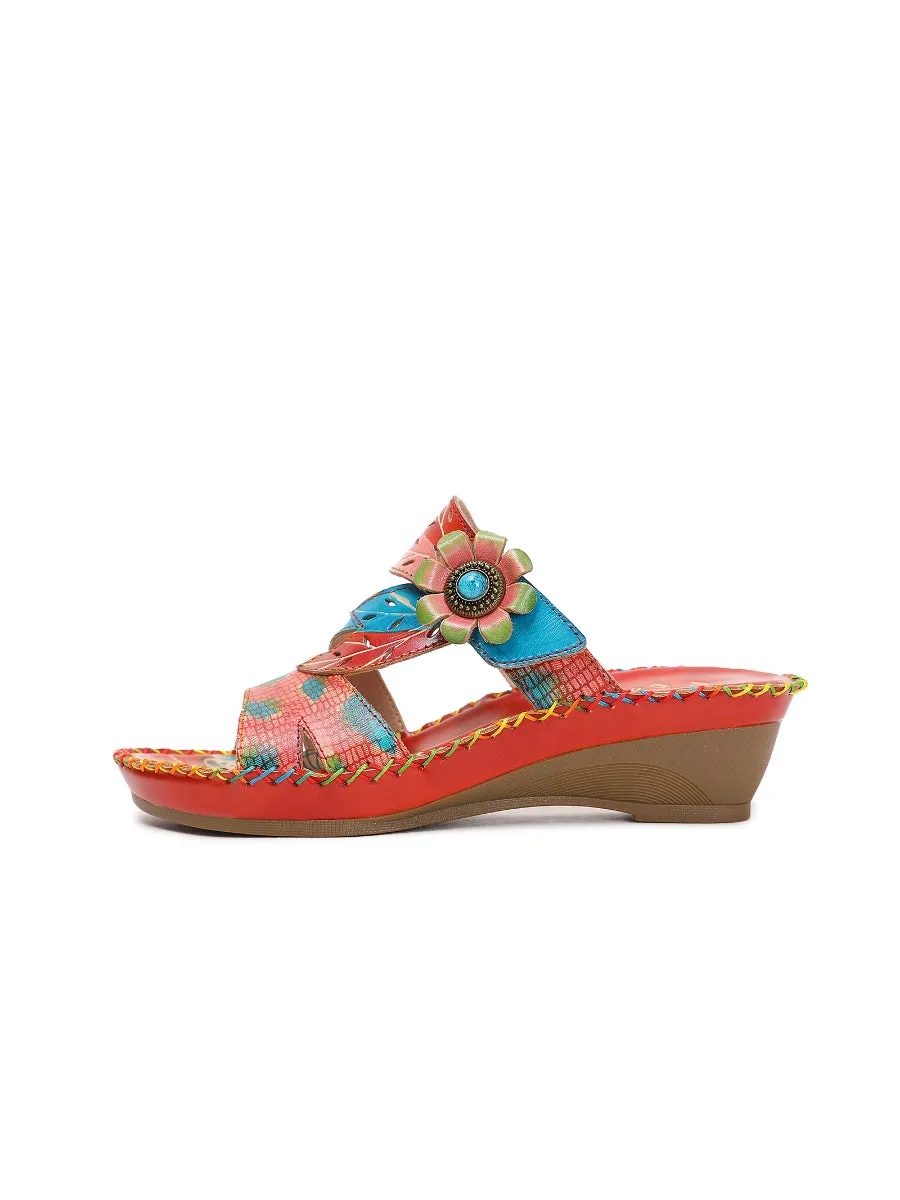 Red Floral Perforated Genuine Leather Slides