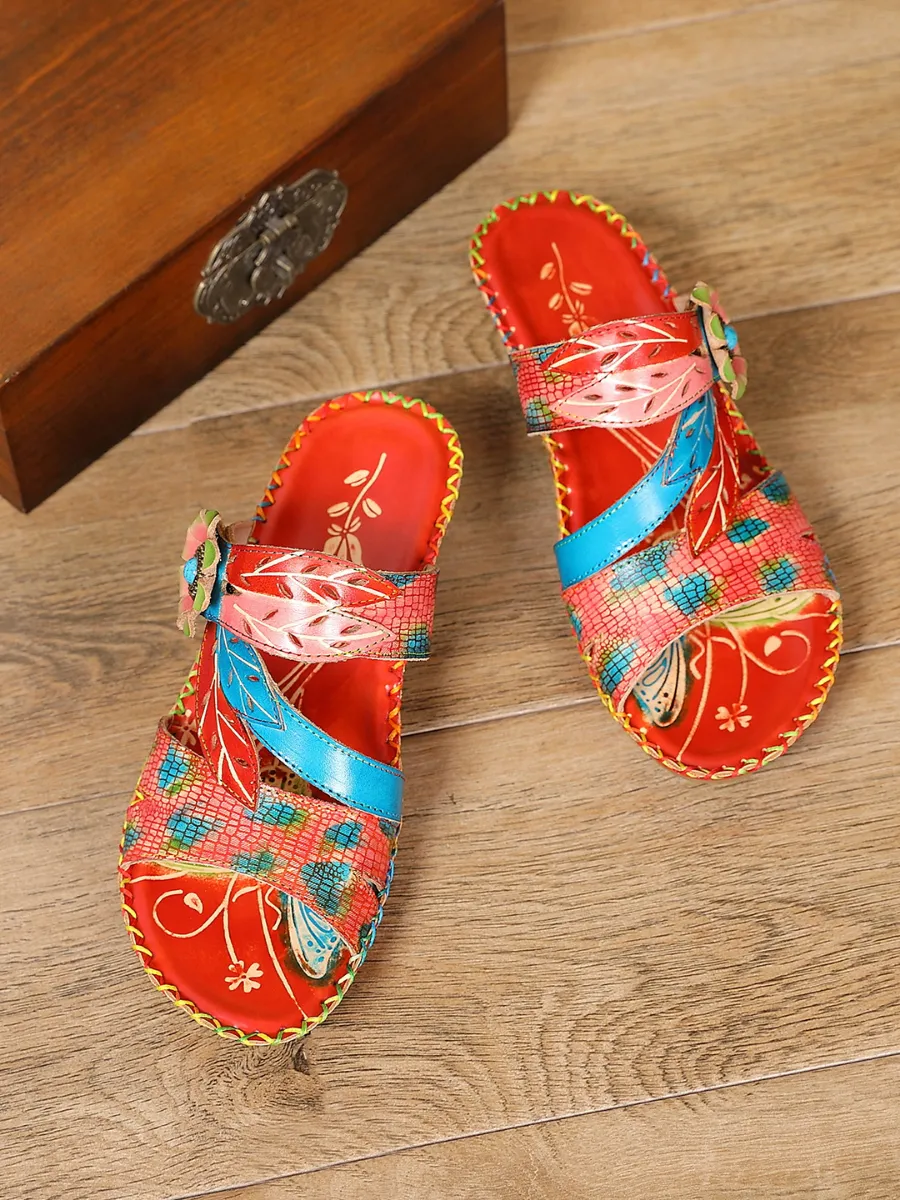 Red Floral Perforated Genuine Leather Slides