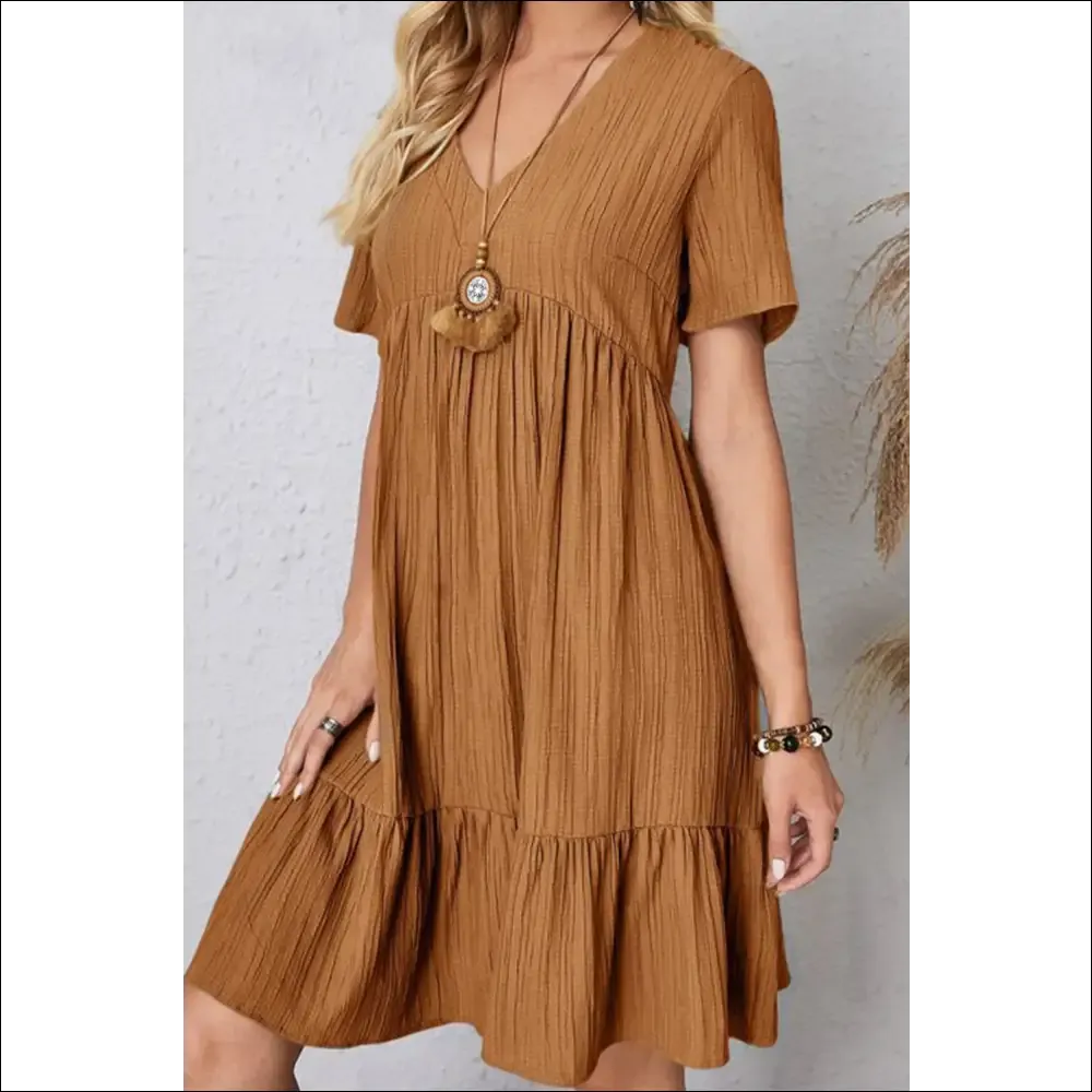 Sassy Ruched V-Neck Short Sleeve Dress