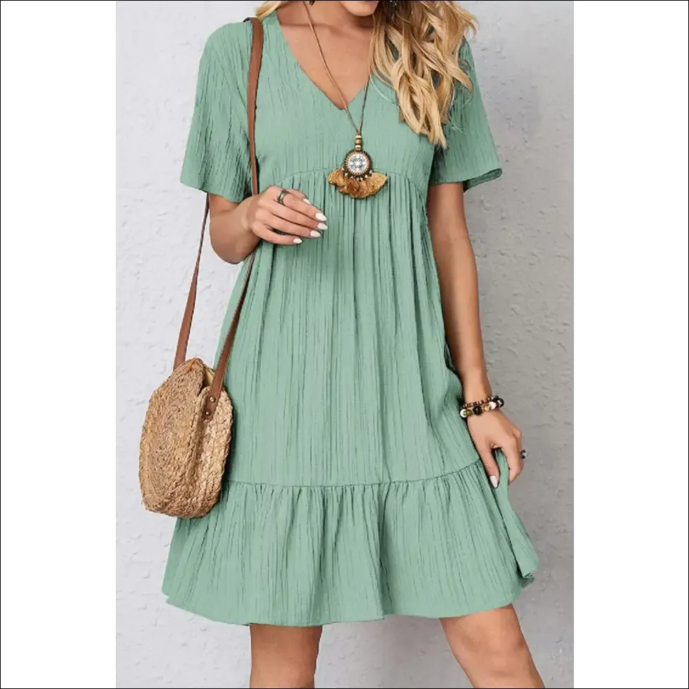 Sassy Ruched V-Neck Short Sleeve Dress