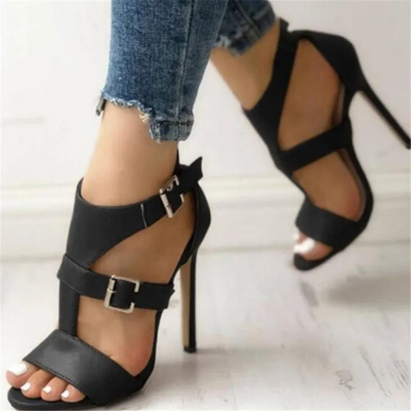 Summer Gladiator Stilettos Leather Peep Toe Ankle Buckle Strap