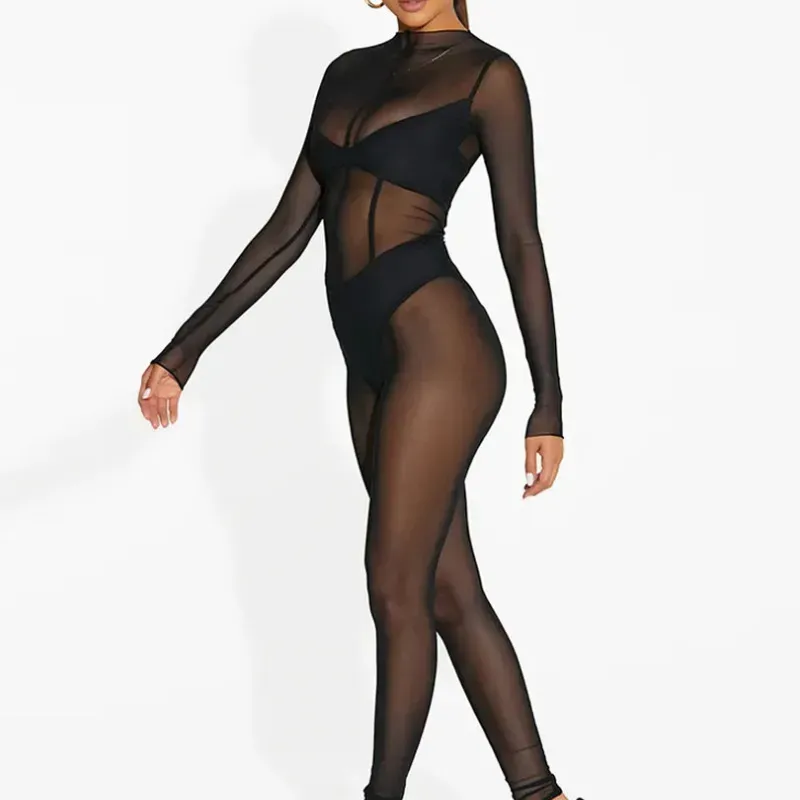 Taylor Sheer Mesh Long Sleeve Bodycon Jumpsuit
