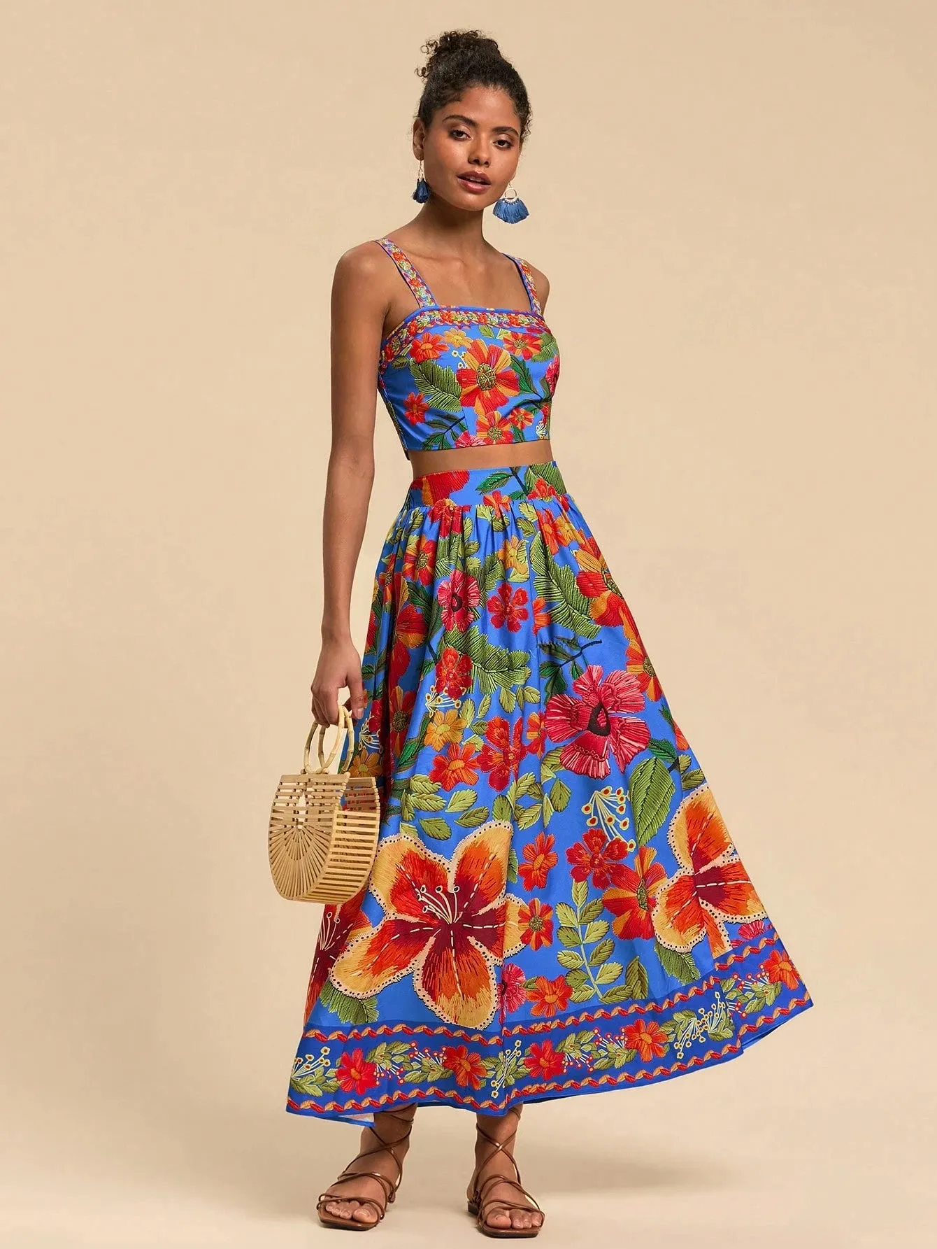 Travachic 2pcs/Set Printed Camisole & Printed Mini Skirt, Minimalist Fashion Casual Everyday Outfit