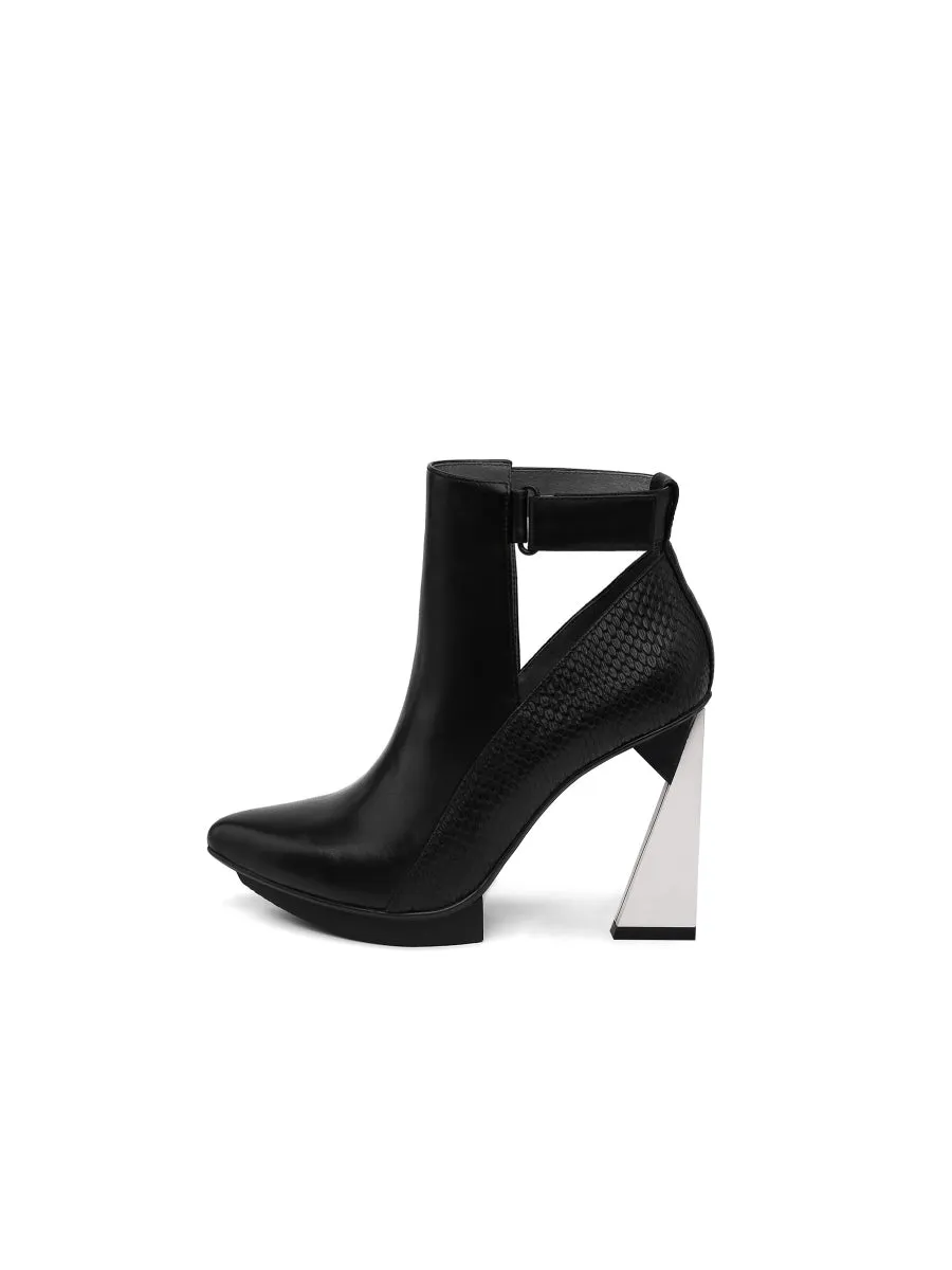 Triangled Silver Heel Cut Out High Heel Leather Black Ankle Boots