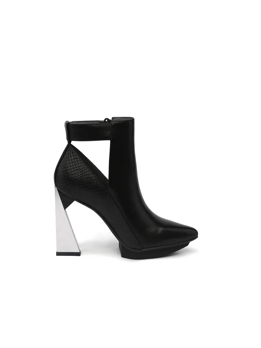 Triangled Silver Heel Cut Out High Heel Leather Black Ankle Boots