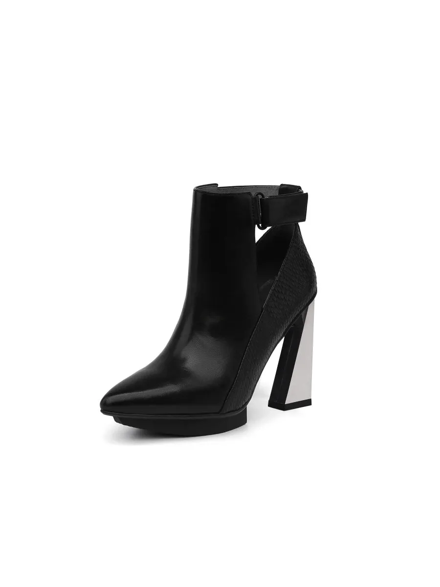 Triangled Silver Heel Cut Out High Heel Leather Black Ankle Boots