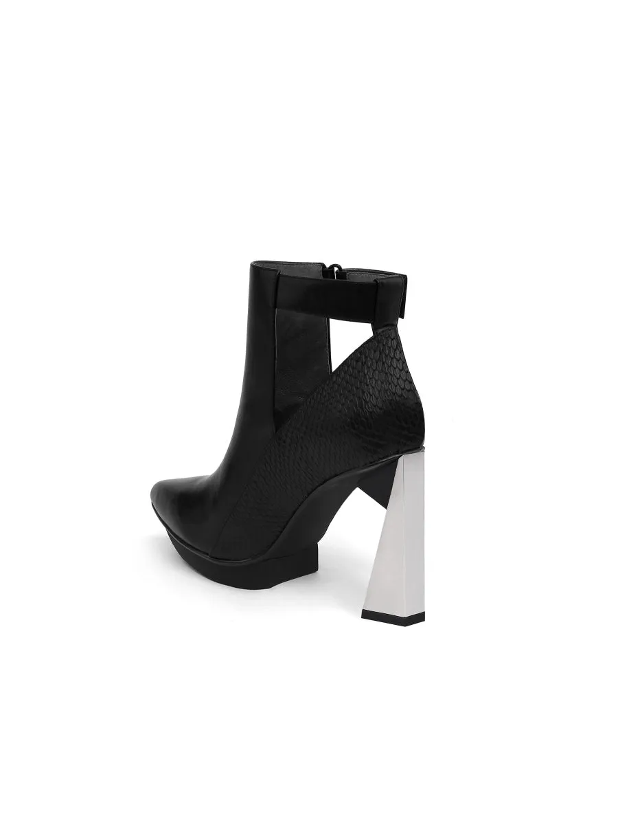 Triangled Silver Heel Cut Out High Heel Leather Black Ankle Boots