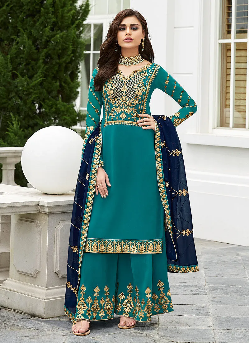 Turquoise And Blue Embroidered Palazzo Suit
