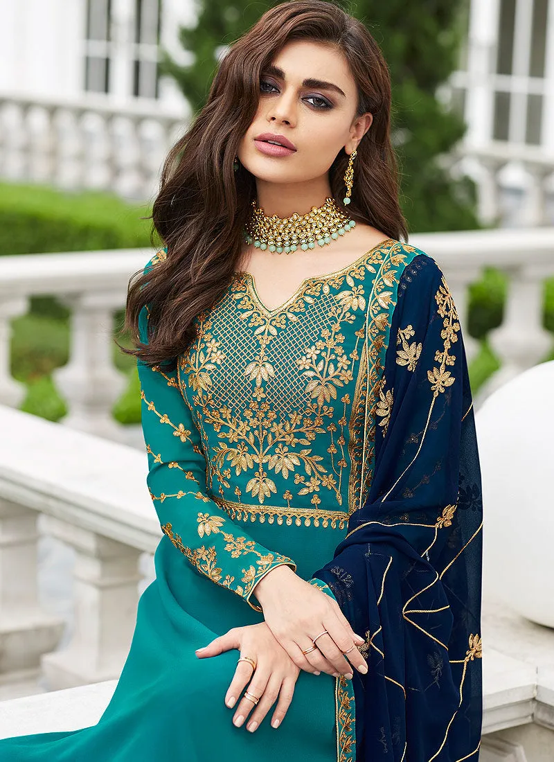 Turquoise And Blue Embroidered Palazzo Suit
