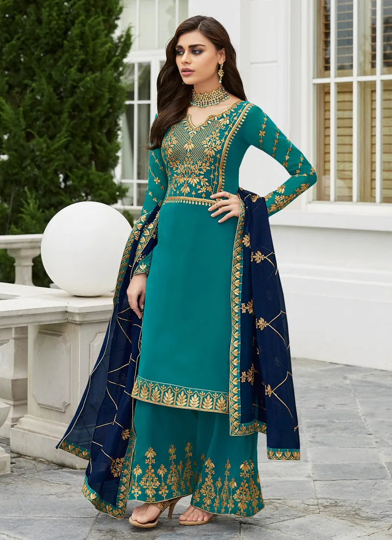 Turquoise And Blue Embroidered Palazzo Suit