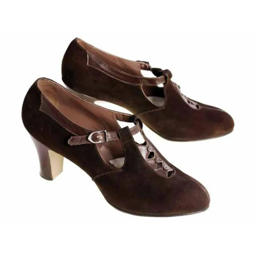 Vintage Brown Suede/Leather Mary Jane Buckle Shoes 1930s NIB 7 Early Air Step