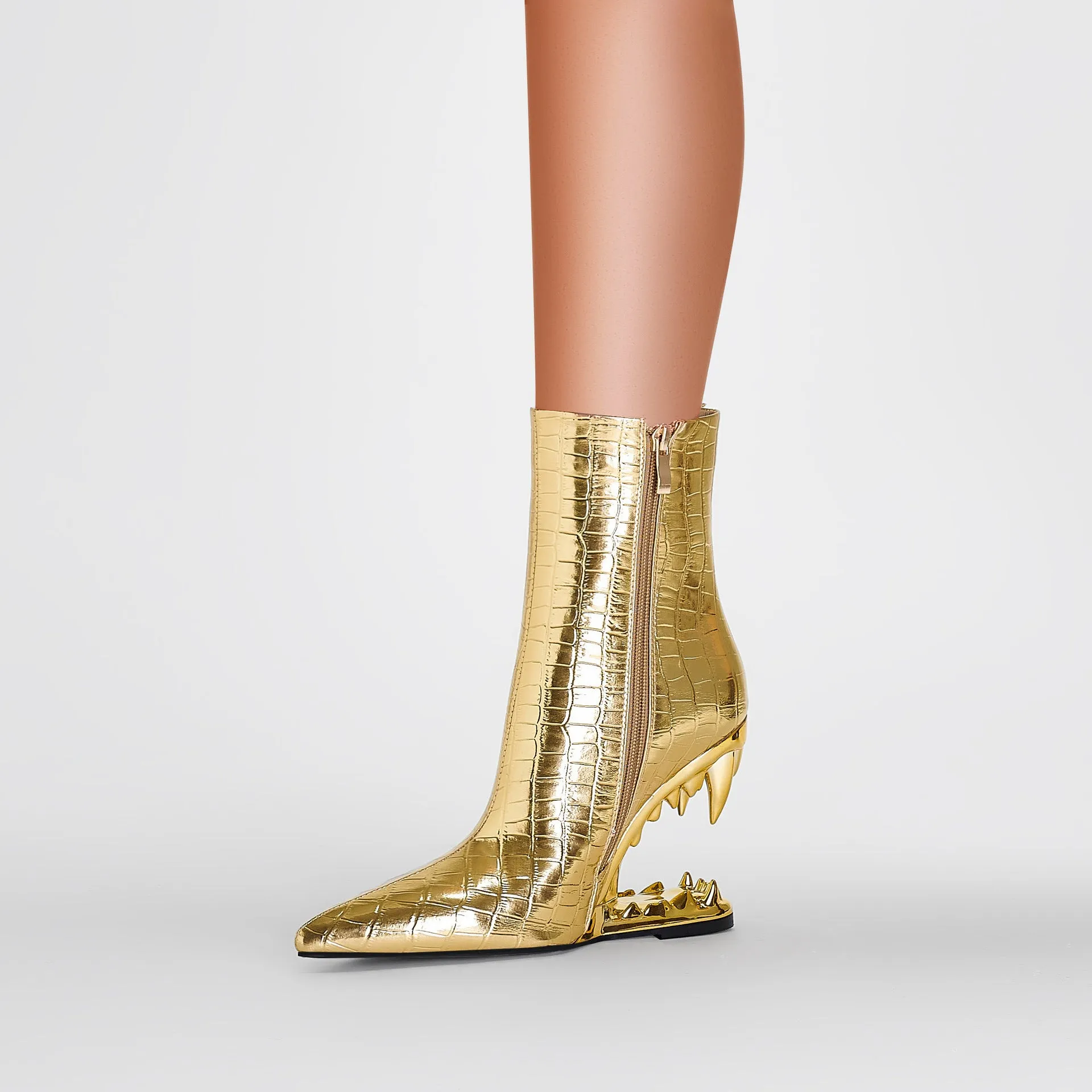 Women Pointed Tiger Tooth Heel Stone Pattern Shaped Wedge Heels