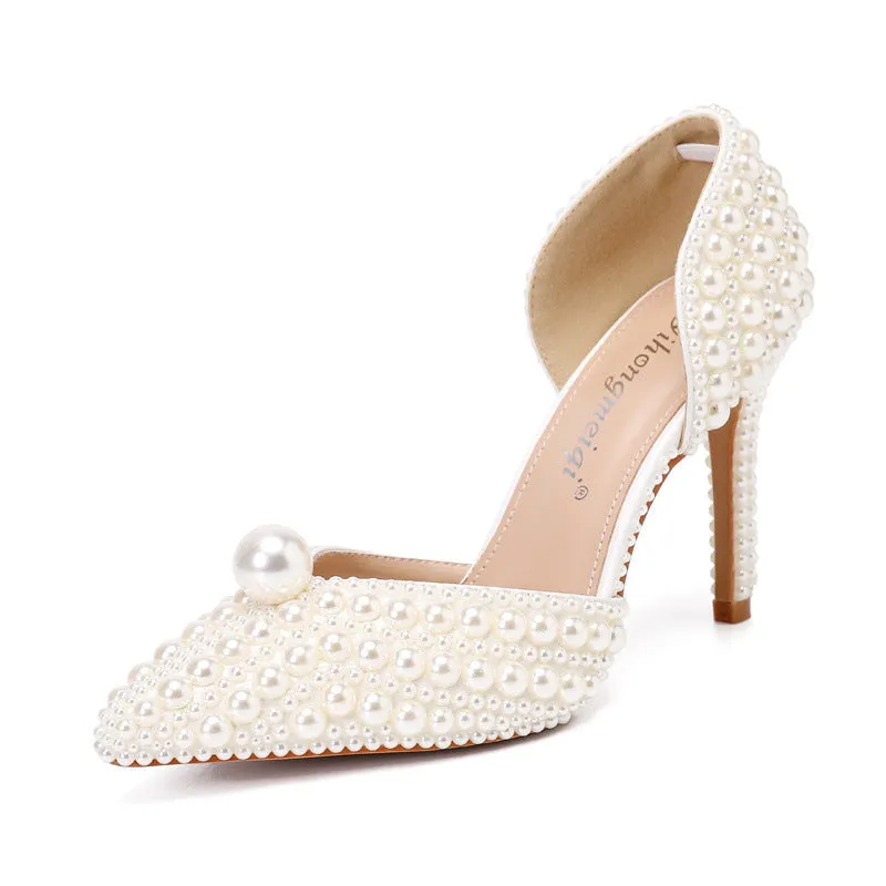 Women's Low-cut Pointed-toe Stilettos Pearl Wedding Shoes